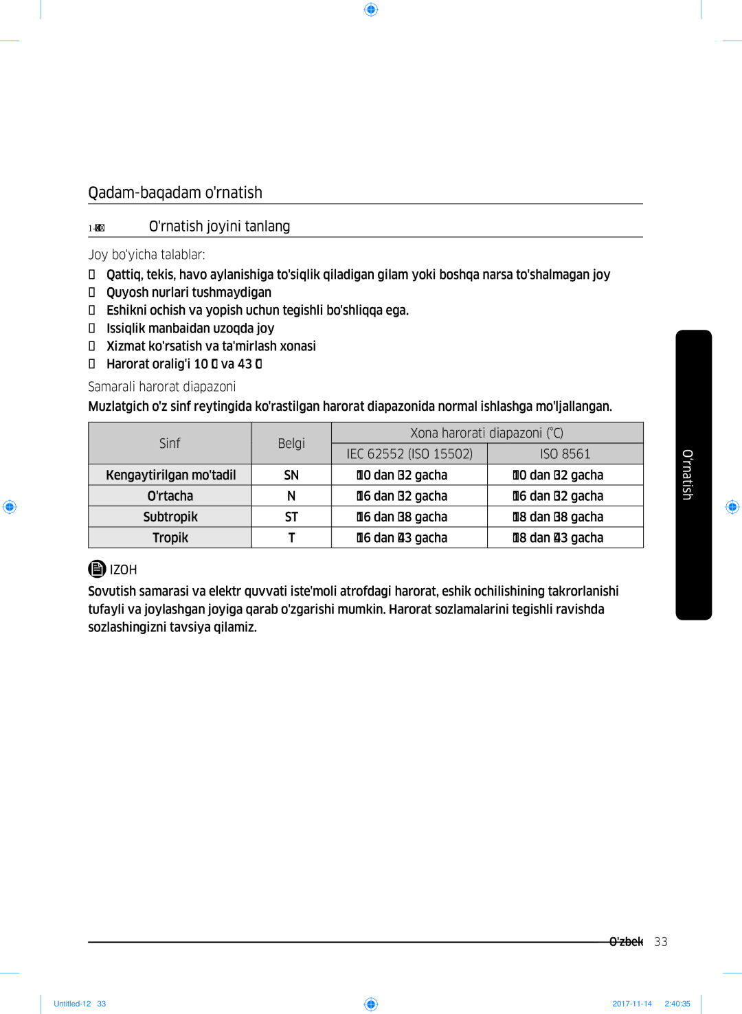 Samsung RF61K90407F/WT manual Qadam Ornatish joyini tanlang, Kengaytirilgan motadil, Subtropik, Tropik 